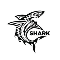 Shark Polynesian Tribal Patterns on white background Design element for logo, poster, card, banner, emblem, t shirt. Vector illustration.