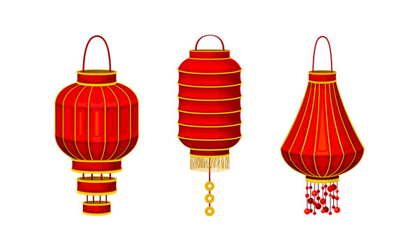 Red Chinese paper lanterns set. Traditional New Year decor element vector illustration