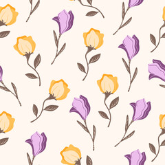 Seamless pattern with hand drawn colorful flowers, floral, natural objects in a beige background. Doodle, simple flat illustration. It can be used for decoration of textile, paper and other surfaces.