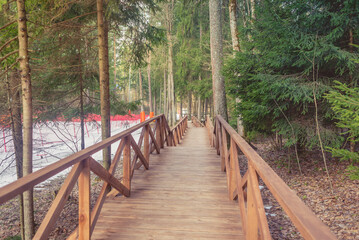 Fototapeta na wymiar Wooden steps in the forest at a ski resort. Wooden road in the forest.