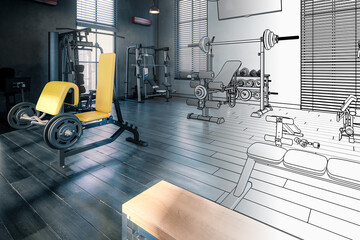 Obraz premium Body Building Center With Exercise Machines Integrated Inside a Penthouse Fitness Area (draft) - 3D Visualization