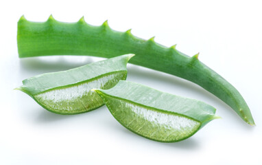 Aloe or Aloe vera fresh leaves and slices on white background.