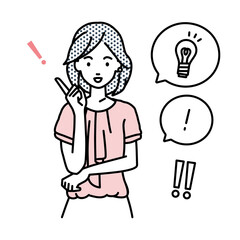 立って素晴らしいアイデアをひらめいたオフィスカジュアルの女性 フキダシに電球と感嘆符のセット