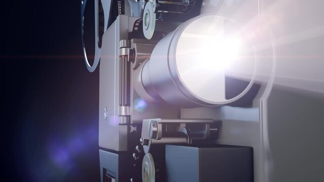 Movie projector lamp lights and projecting the tape film on the cinema screen. Close up view to the lamp lighting of movie projector with empty blank invitation background at the end, 3d animation.