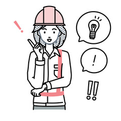 立って素晴らしいアイデアをひらめいた工事現場の女性 フキダシに電球と感嘆符のセット