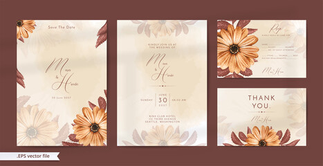 Beautiful brown wedding invitation with flower watercolor ornaments