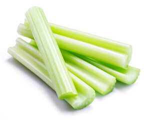 Pile of celery ribs isolated on white background.