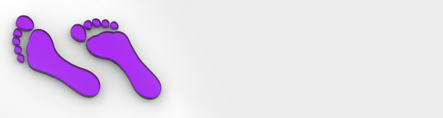 two Royal Purple glass bare footprints. bare footprint close up. Horizontal image. Banner for insertion into site. 3D image. 3D rendering.