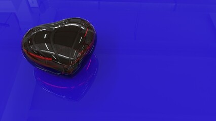 A dark red shiny heart on a blue reflective surface. A glass heart with highlights on a blue background. 3D illustration.
