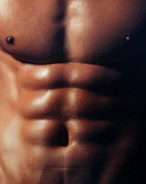 Attractive male sexy wet body. Muscular sixpack , closeup body. Banner templates with muscular man, muscular torso, six pack abs muscle.