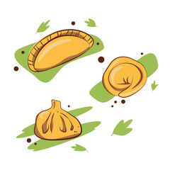 Dumplings and khinkali. Food and semi-finished products. vector image