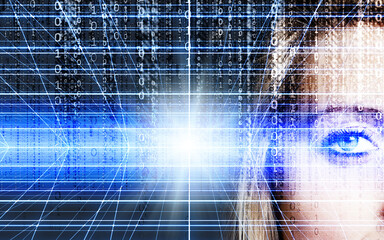 blonde young woman face and technology background, future generations and digital generation concept