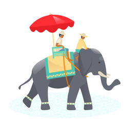 Thai animal elephant with thai decorative cloak, riders at top, sitting under colorful umbrella.