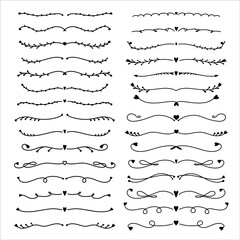 Obraz premium Set of hand drawn text dividers isolated on white background. Silhouette dividers with heart for books, greeting cards, invitations, web. Doodle style.