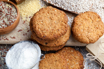 wheat-oatmeal cookies with peanuts, closeup