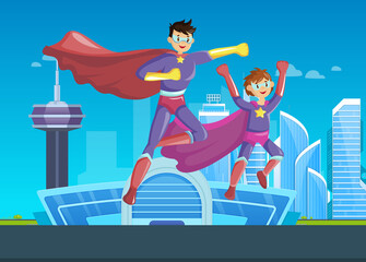 Superheroes father and son fly together in super hero costumes with cape and masks on background of skyscrapers and urban smart city