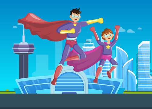 Superheroes father and son fly together in super hero costumes with cape and masks on background of skyscrapers and urban smart city