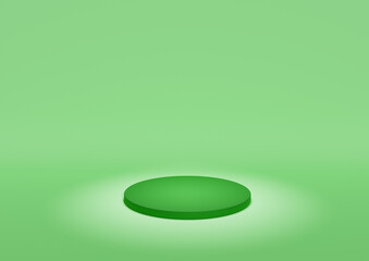 Product Display Stand or Podium in Minimal Composition with Spotlight Lighting The Product. Light, Bright Green Background with Dark Green Cylinder Platform 3D rendering