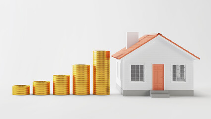 A stack of coins with a rocket. Starting a business. Sales boost chart. 3D rendering.