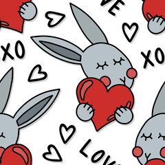 xoxo love sweet loving rabbit with a heart valentines day vector colorful illustrated seamless pattern on white background