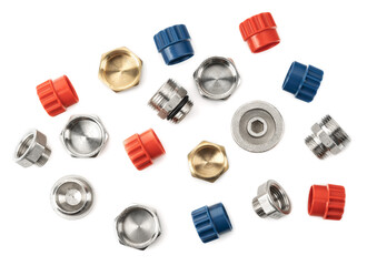 many metal fittings - pipe unions, bushings, bullnoses and nuts