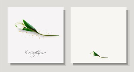 March 8 banner background design. From March 8 in Russian. Template for advertising, online advertising, social networks and fashion advertising. International Women's Day. Spring women's holiday