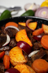 Concept of tasty food with beef with vegetables, close up