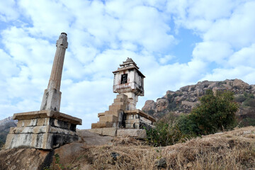 A selective focus of Nandi Temple(Also called Onti Kalu Basava Temple) at Chitradurga Fort, Karnataka, India. The fort is also called Elusuttina Kote (meaning the fort of seven circles).
