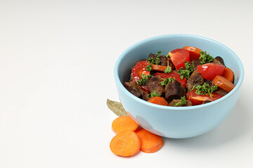 Concept of tasty food with beef with vegetables, space for text