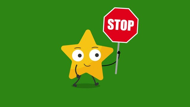 Cute star Character with stop sign Animation.4K video motion animation.
