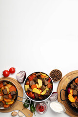 Concept of tasty food with beef with vegetables, space for text