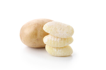Raw potato gnocchi and potato isolated on white background