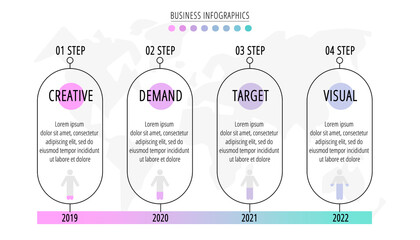 Line vector infographics with 4 circles. Business concept graphic process template with four steps and symbols. Graphic timeline for a project on white background