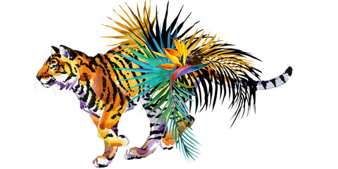 Obraz premium Tiger and exotic palm leaves and flowers. Watercolor illustration.