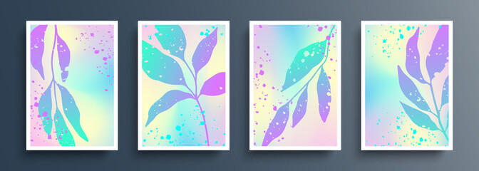 Obraz premium Set of color botanical elements on blurred background. Abstract floral backgrounds with holographic effect for your creative graphic design. Vector illustration.