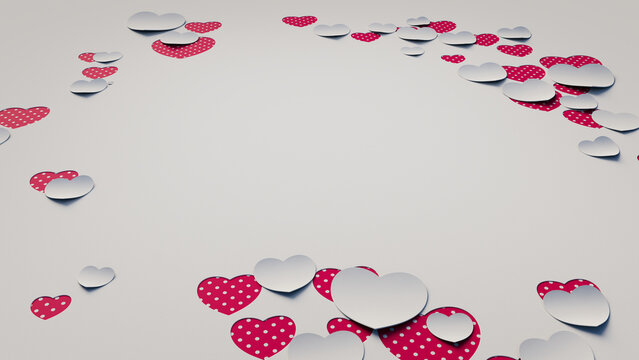 Paper Heart background with copy space. White and Red polka dot Valentine Wallpaper with cut-out love hearts. 