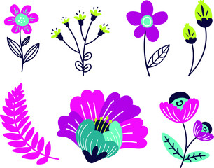 Vector repeat tropical floral icons in bright colours on a white background.