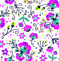 Seamless vector repeat tropical floral surface pattern design in bright colours on a white background.