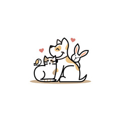 Pet care logo design; a design that combines cute pet dogs, cats, rabbits and love so that they look happy