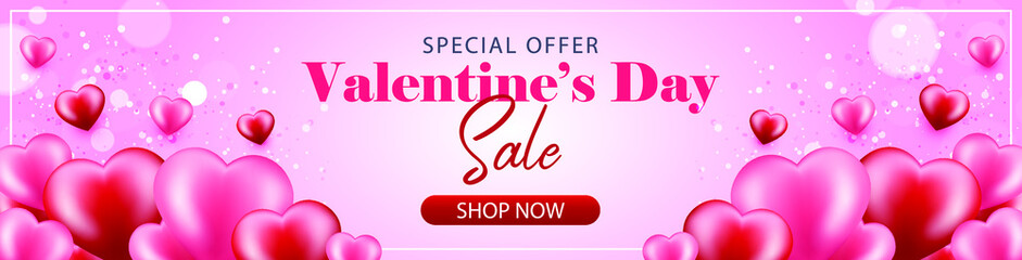 Valentine's day sale banner vector illustration with hearts and typography. Sale promo template design.