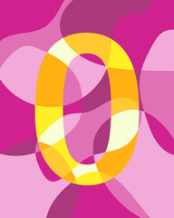 Number 0 of abstract smooth rounded shapes. Contrasting yellow number on a pink background