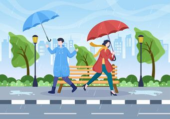 People Wearing Raincoat, Rubber Boots and Carrying Umbrella In the Middle of Rain Showers Storm. Flat Background Cartoon Vector Illustration for Banner or Poster