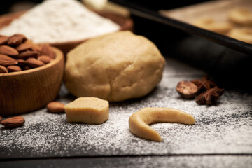 Baking tray with traditional German or Austrian Vanillekipferl vanilla kipferl cookies