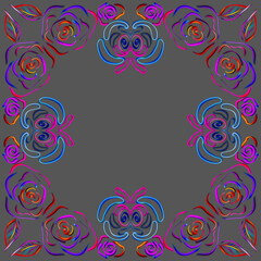 neon decorative frame border
  on a gray background, symmetrical ornament, floral pattern, hand-drawn for the decoration of banners and holiday flyers, space for text
