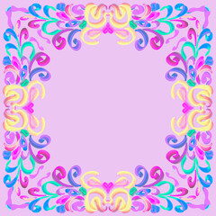 pink pastel decorative frame border
  on a purple background, symmetrical ornament, floral pattern, hand-drawn for the decoration of banners and holiday flyers, space for text