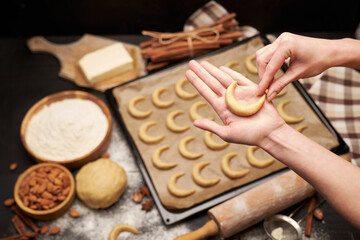 Baking tray with traditional German or Austrian Vanillekipferl vanilla kipferl cookies