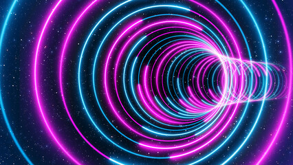 Abstract Futuristic Blue Purple Circle Lines Neon Light Curved Tunnel With Glitter Dust Particles Background