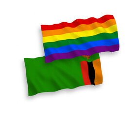 Flags of Republic of Zambia and Rainbow gay pride on a white background