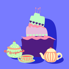 Bright flat style birthday cake vector illustration. Purple, blue, peach pink colored layered cake with tea set. Sugar pot, tea pot, tea cup. Tea time. Funny design. Gift card.