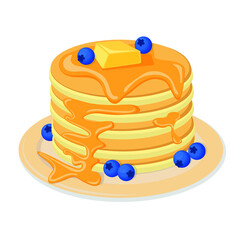 Pancakes stacked on top of each other on a plate. Dish with butter, honey, syrup and blueberries. Vector illustration, flat cartoon color design, isolated on white background, eps 10.